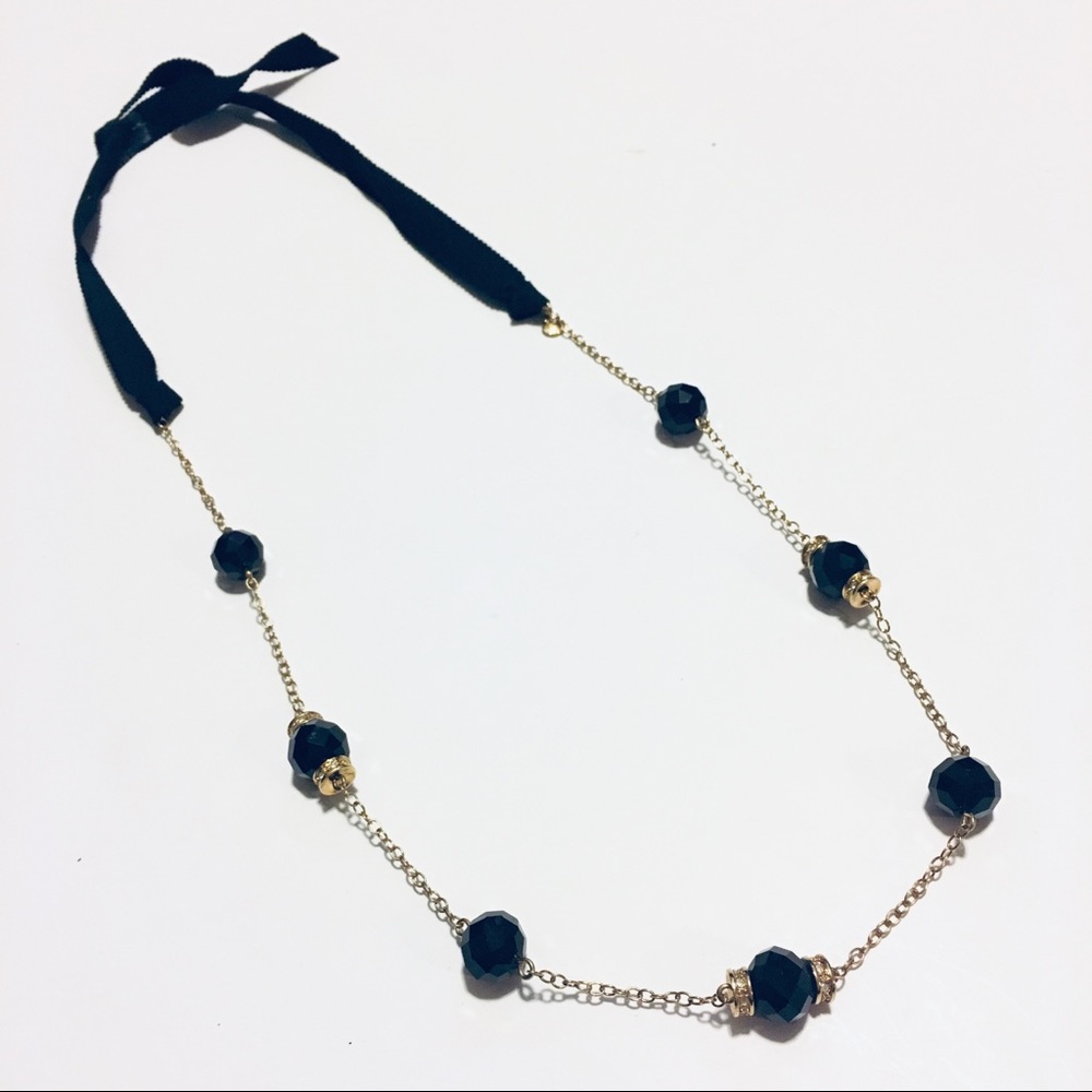 J Crew Black and Rhinestone Bead Ribbon Necklace